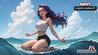A muscled guy and a purple-haired sweetie in a black bathing suit ravage on an ocean wave - xxx XXX porn!