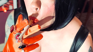 Hot Wife Tina Snua Smoking A Cork 100 Cigarette In Satin Gloves & Jewellery