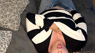 Bonie and Clyde masturbation blonde solo sexy horny wet trembling twitch moaning multiple orgasms couch jeans satisfyer