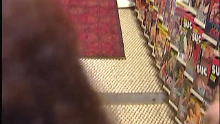 Amazing brunette slut gives him nice blowjob in video club