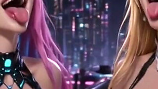 Two Cute Cyberpunk Girls Boobs, Ai Animation