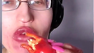Asmr Paprika Pepper Eating - Asmr, Eye Glasses, Gianess, Lipstick, Big Lips, Mouth, Food, Face Fetish, Long Nails