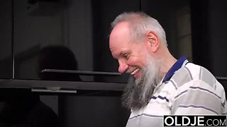 Asian teen with big natural tits takes grandpa's dick deep in her pussy and mouth