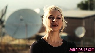 Gushing BDSM lesbian hairy teen with small tits licks pussy