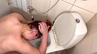 Flashing head in toilet, piss on hair and facefuck with cum in throat