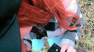 Redhead amateur gives blowjob and does not mind cumshot in panties