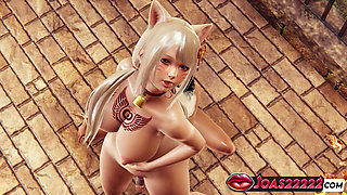 Moritani Kanami in Rule34 Kitty Cosplay - Big Tits Anime Girl Kissing, Masturbation, Dildo Play, and Explosive Squirt 3D Hentai