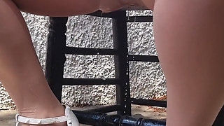 Outdoor Piss Slut in Pink Babydoll & Tan Tights. I Piss Hard While Walking Then Sitting, Soaking My Tights and White Stilettos.