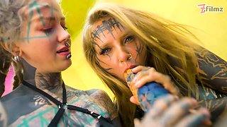 Split Tongue Lesbians Tattooed Toy Play ANAL and ATM