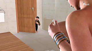 Friend's sexy stepmom caught naked in the bathroom, fingering her pussy