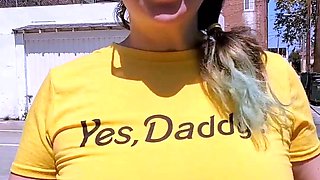 Busty curly brunette with big boobs fucks on couch