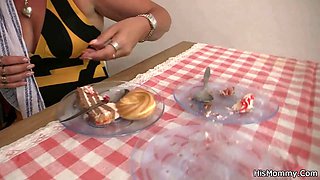 Lesbian blonde teen and mom toying on kitchen