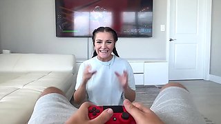 She distracts him from gaming until he grants her with a creampie
