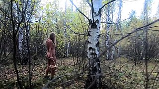Nude Blonde Picks Mushrooms in the Russian Forest