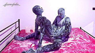 Sticky Latex Sex with Gloomy Babe - Messy Blowjob, Fingering & Cum in Mouth