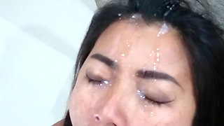 Petite MILF receives a one man bukkake