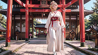 Kneeling under the Torii gate in a beige modified kimono, she touches her chest and traces her collarbon