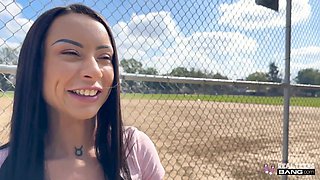 Busty Brunette Babe Cara Mella Rubs a Big Cock With Her Tender Feet, Before Taking It In Her Cunt