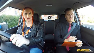 Fake driving school Ginger Big breasts and furry ginger pussy in hot examination bang