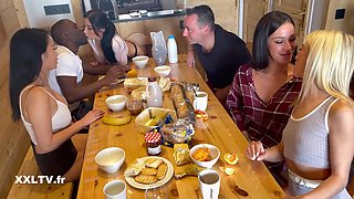 4 Charming Slim Bubble-assed Babes Share BBC & BWC In a Crazy Orgy In Their Mountain Chalet