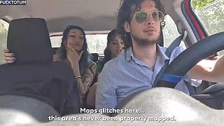 Two Lesbian Hitchhikers Give Me a Double Blowjob and Standing Fuck Outdoor