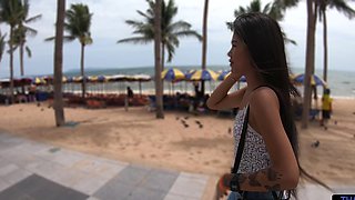 Thai temptress teases in tight jeans while giving a steamy BJ