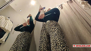 See-Through Seduction: Blonde with Big Boobs Tries on Transparent Outfits in Fitting Room, No Panties