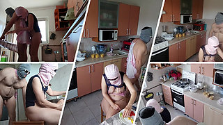 Hot amateur couple have fun in the kitchen.