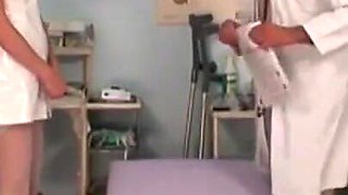 The gynecologist fucks his blonde nurse who loves to masturbate with big dicks