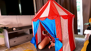 Hot brunette tight pussy petite babe has a circus tent in the middle of the house to play with dicks in it