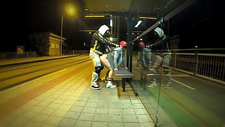 Really Risky Sex at a Bus Stop with a Young Stepsis That Ends with an Orgasm and a Cumshot