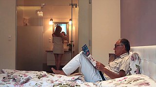 Nympho sucks grandpa cock has sex with him on her bed