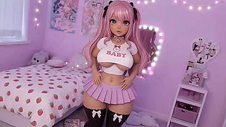 Cute Thicc Pink Hair Anime Girl Crop Top & Pleated Skirt