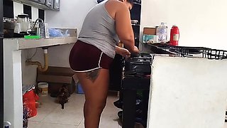 Chubby Latina with a big booty likes to be watched by her stepfather's old man while she cleans the house