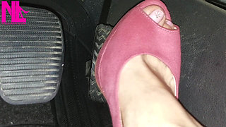 Barefoot Driving and Revving in Vivid Pink High Heeled Sandals