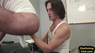 Hairy gaydaddy fisted in his hairy butt by stud in gloves