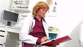 Naughty mature nurse, Stefania likes to play with rock hard cocks, even while at work