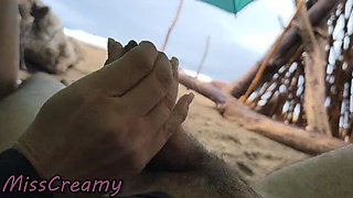 Miss Creamy Teacher Gives Wet Handjob Under Beach Umbrella in Rain - Public Risky 4K