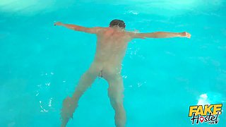 Fake hostel - tall slim style models in swimsuits have a 3some with hungover man by the pool