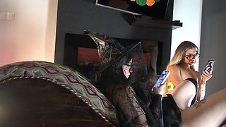 Halloween Threesome Handjob: CFNM with Two Hot Sluts in Costumes Ignoring Me