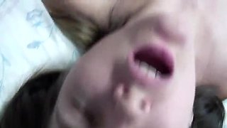 Glasses-wearing stud bangs young brunette's bald pussy