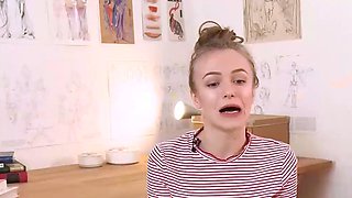 Amateur platinum-blonde teen plays with clean-shaven pussy