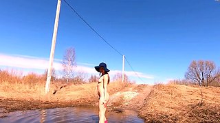 Naked Blonde Russian Teen Walks on the Farm
