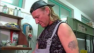 Horny Fuck Pig in Red Lingerie Fucks a Craftsman in the Workshop