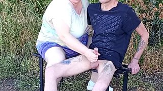 Neighbor MILF sucks my dick on a park bench until I cum - public outdoor sex with big natural tits