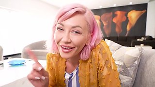 Pink hair stepmom with fake lips gets fucked in POV
