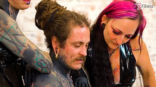 Three aggressive spandex princesses ruin tattooed victim with deep sounding & urethral fingering