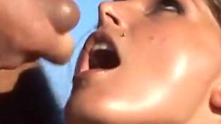 Sexy MILF naked over the rocks is fucked by two willing cocks