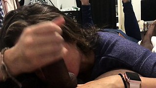 Big tit brunette sucks a big cock blowjob POV