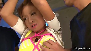 Bad little Asian babe gets her pussy punished by two cocks